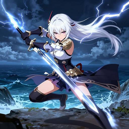 White-Haired Anime Warrior on Cliff