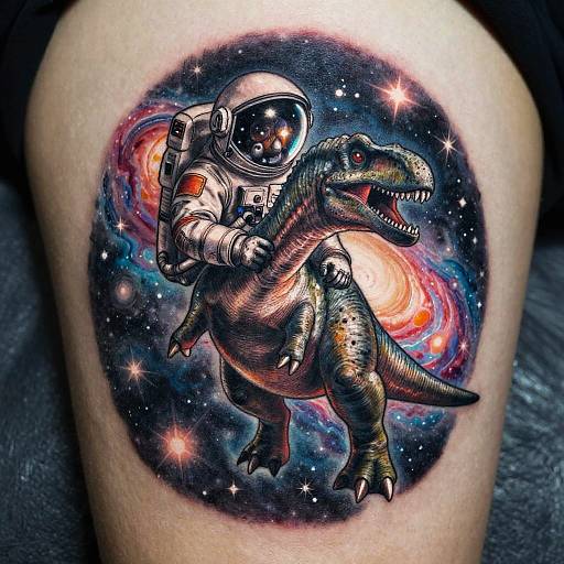 Colorful tattoo of a spacesuit-clad astronaut riding a roaring dinosaur in a vibrant, starry galaxy with glowing nebulae.