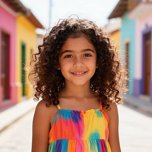 Photograph of a smiling young girl with curly brown hair, wearing a colorful, sleeveless, tie-dye dress, standing in a sunlit,