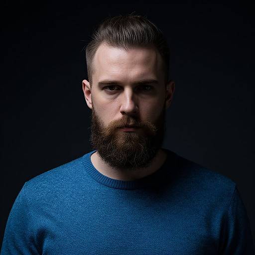 Photograph of a bearded man with dark hair, wearing a blue sweater, against a black background, illuminated from the front. Serious expression.