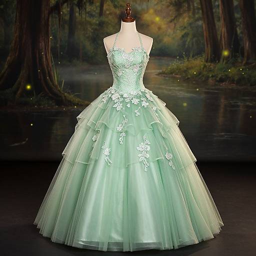 Photograph of an elegant, mint-green, strapless ball gown with intricate lace floral embroidery on the bodice and skirt, displayed on a manne