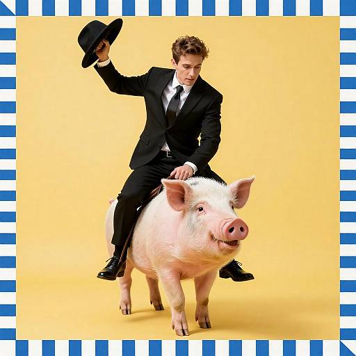 Man in Suit Riding a Jumping Pig