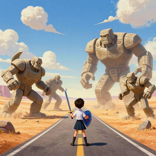 Digital anime-style artwork: Brave schoolgirl with short black hair, holding sword and shield, faces three massive, stone-like robot giants on a desert road