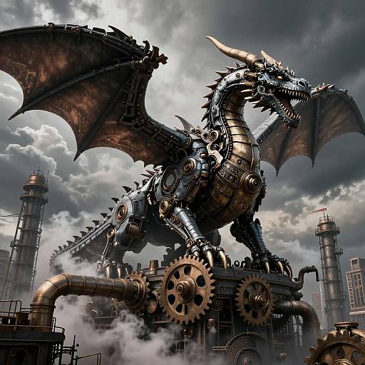 Digital art of a massive, metallic dragon with brass and steel components, wings outstretched, standing on a steampunk factory platform with large gears