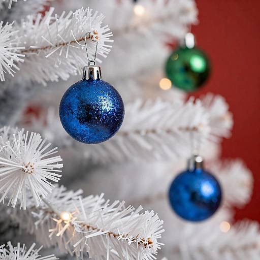 Frosty White Christmas Tree with Blue Ornaments