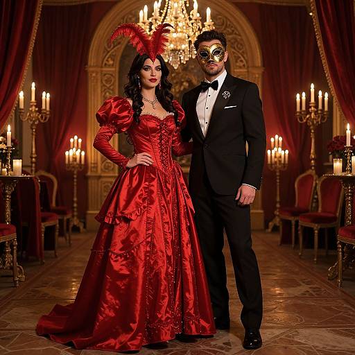 Photograph of a Victorian ballroom; a woman in a red satin gown with feathered headdress, and a masked man in a black tux