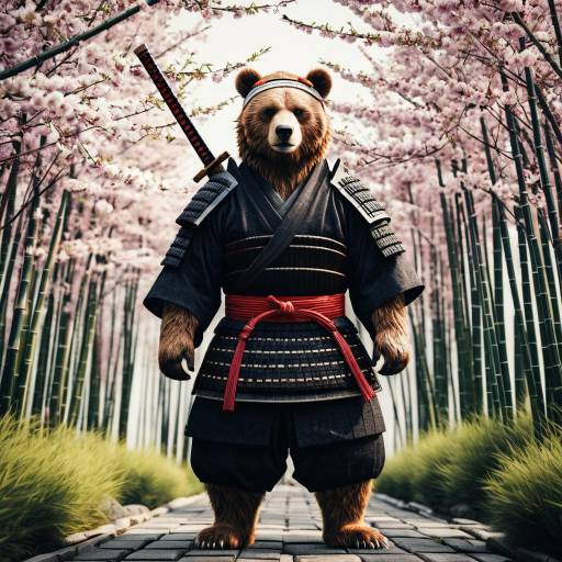 Calm Samurai Bear in Cherry Blossoms