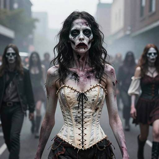 Female Zombie in Stitched Corset in Foggy Urban Parade