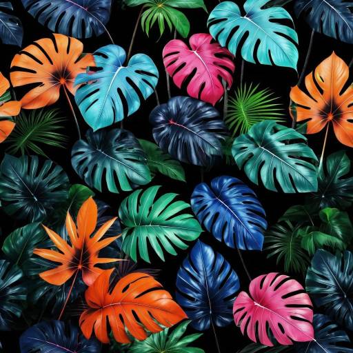 Vibrant Tropical Plants on Black Background