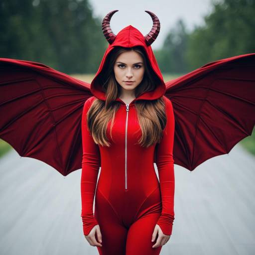 Woman in Red Devil Costume with Horns and Wings