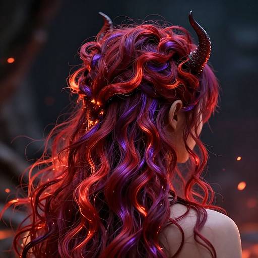 Digital art of a demon woman with vibrant red and purple wavy hair, black horns, and glowing embers, seen from the back. Dark,