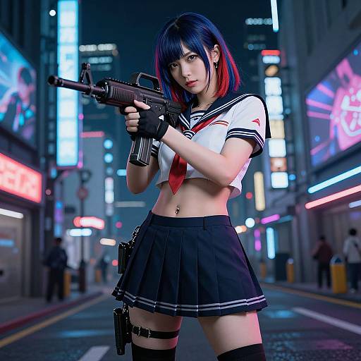 CGI anime-style image of a young woman with blue and red hair, wearing a sailor school uniform, black skirt, and thigh holster, holding a