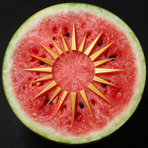 Photograph of a watermelon slice with vivid red flesh, black seeds, bright yellow radiating seeds, and a green rind on a black background