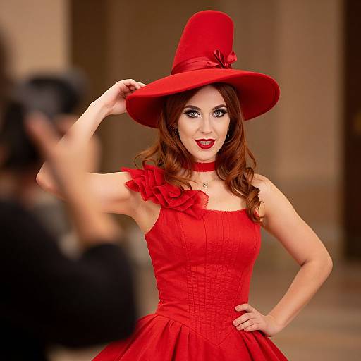 Photograph of a fair-skinned woman with red lipstick, wearing a red dress and matching hat, posing confidently outdoors with photographers blurred in the background.