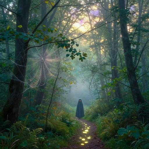 Mystical forest scene: lone figure in dark cloak walks down illuminated path, surrounded by tall trees, glowing spider web, and misty light.