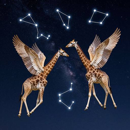 Digital art of two winged giraffes facing each other against a starry night sky with constellation lines above.