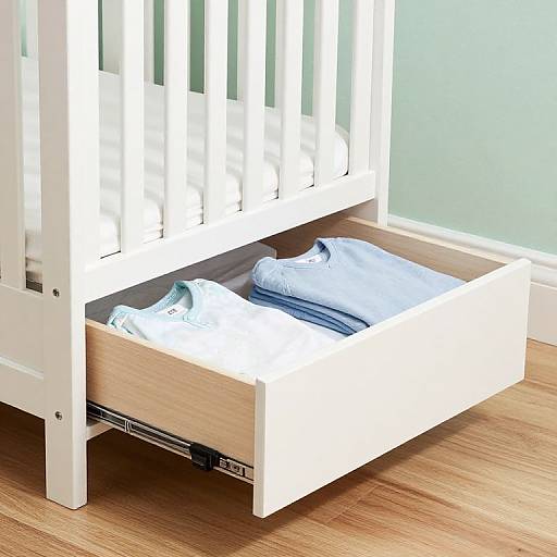 Photograph of a white wooden crib with an open drawer holding neatly folded light blue baby clothes, on a wooden floor.