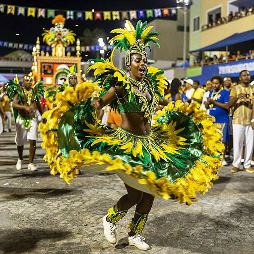 Photograph of a Black male dancer in vibrant yellow and green feathered costume, mid-dance, at night carnival with colorful flags and crowd in background