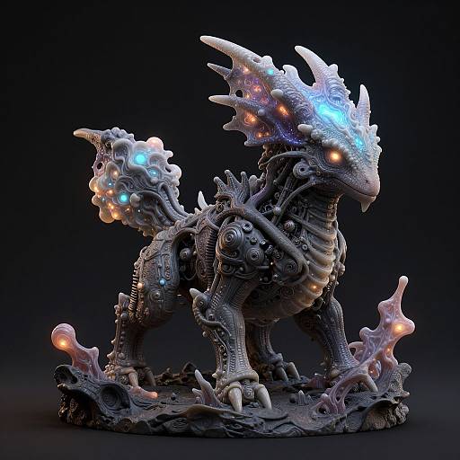 Photorealistic CGI of a cybernetic, dragon-like creature with glowing blue and orange lights, intricate metallic armor, and organic spikes, set against