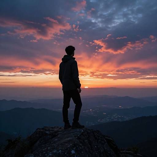 Silhouetted hiker stands on rocky peak, gazing at vibrant sunset with orange, pink, and blue clouds over distant mountain range. Phot