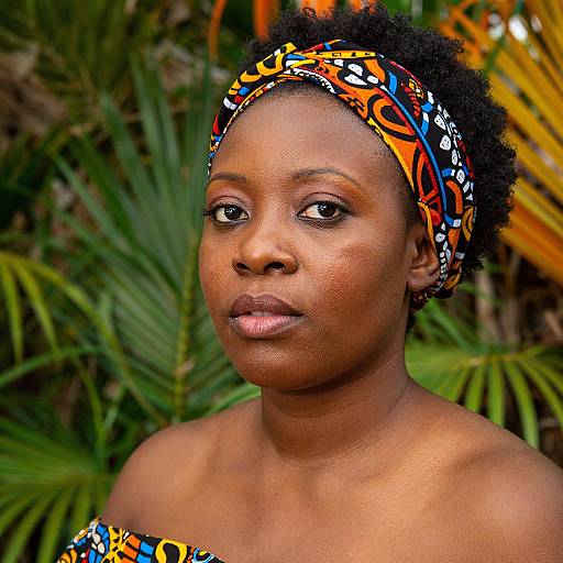 Photograph of a young Black woman with dark skin, wearing a colorful patterned headband and matching strapless top, set against a lush green tropical
