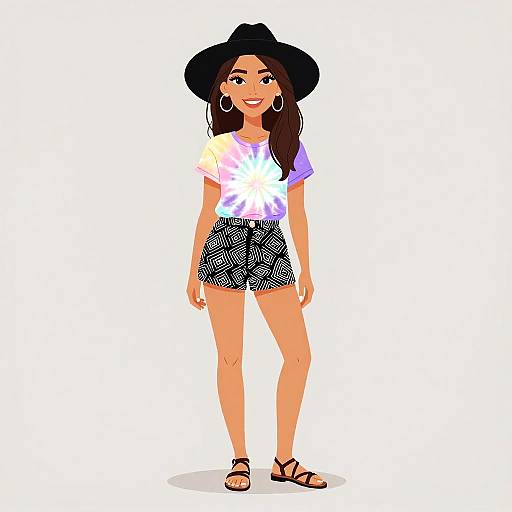 Digital illustration of a smiling woman with tan skin, wearing a black wide-brim hat, tie-dye shirt, black-and-white patterned shorts,