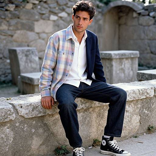 Photograph of a young man with dark curly hair, wearing a plaid shirt, white shirt, black jacket, jeans, and black sneakers, sitting