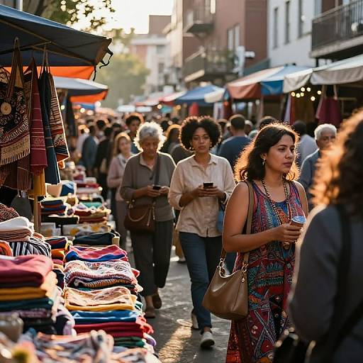 Photograph of a bustling outdoor market street at sunset, with diverse shoppers browsing colorful textiles, vibrant patterns, and stalls under blue and orange canopies.