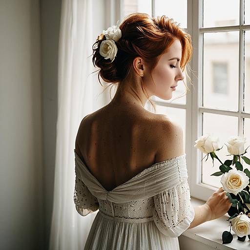 Redhead Woman in Bohemian Dress with White Roses