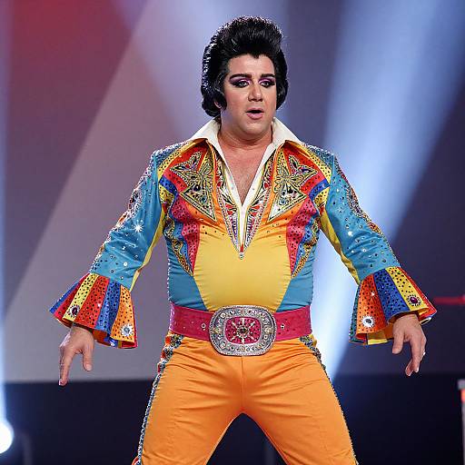 Photograph of a male performer on stage, wearing a vibrant, multicolored, glittery jacket with yellow center, orange pants, and a red
