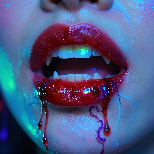 Close-up photograph of a pale face with bright red, glossy lips, sharp white teeth, and blood dripping from the lower lip. Blue and purple neon