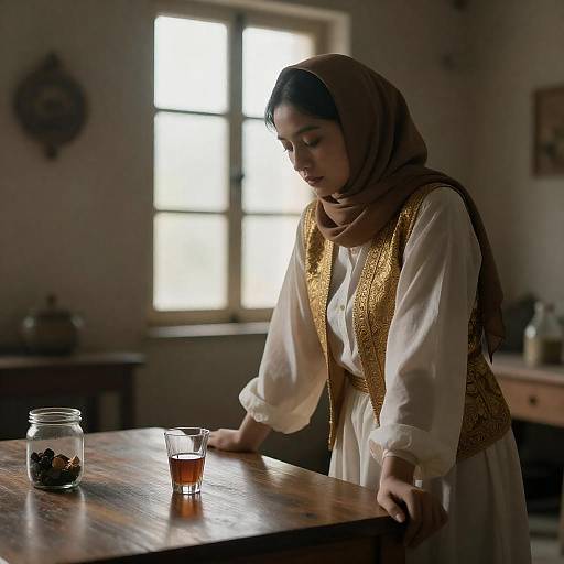 Woman in Brown Headscarf Leaning on Table