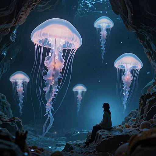 Digital art of a silhouetted child sitting in a rocky cave, gazing at glowing, ethereal blue jellyfish in a dark, mystical
