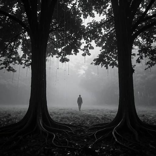 Inverted Waterfall Trees in Misty Forest