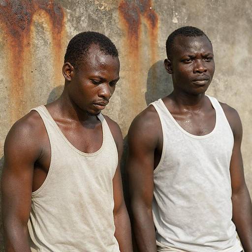 Two Muscular African Men Standing by Rusty Wall