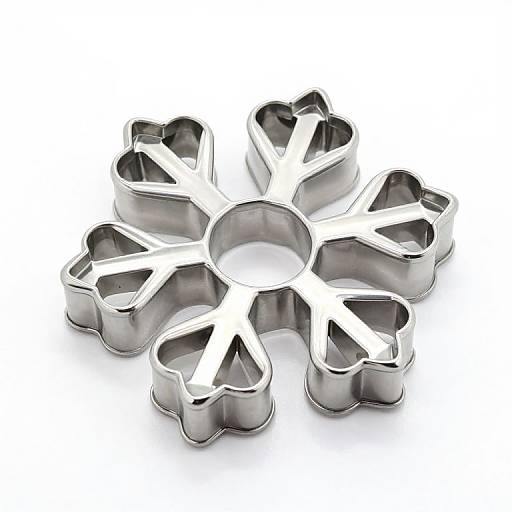 Photograph of a shiny, silver, flower-shaped metal cookie cutter with heart-shaped petals, centered on a plain white background.