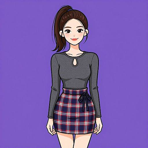Digital anime-style drawing of a smiling woman with brown hair in a ponytail, wearing a grey long-sleeve top and red plaid skirt,