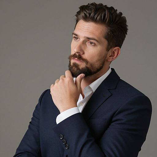 Photograph of a handsome, bearded man with dark hair, wearing a navy suit, white shirt, and thoughtful expression, touching his chin against a