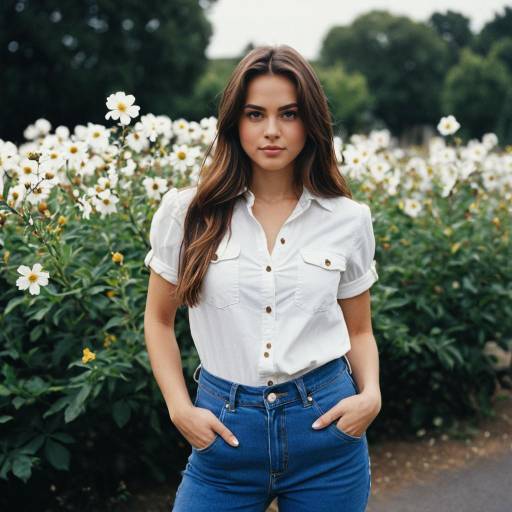 Young Woman Standing by White Flowers
