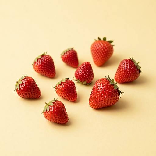 Photograph of eight vibrant red strawberries scattered on a smooth, light yellow background, each with small seeds and green leafy tops.