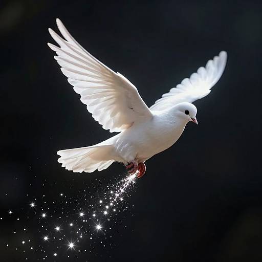 Photograph of a radiant white dove with outstretched wings, leaving a trail of sparkling stars against a dark, black background.