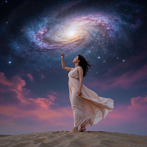 Photograph of a woman in a flowing pink dress, standing on a sand dune, gazing at a glowing, swirling galaxy in a starry