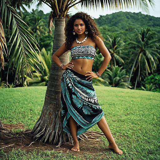 Woman in Tribal Moana-Inspired Outfit by Palm Tree