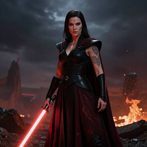 Photograph of a fierce, dark-haired woman in black armor and cloak, holding a glowing red lightsaber, standing amid burning ruins under a stormy