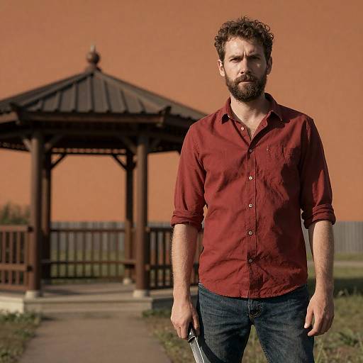 Intense Man with Knife in Gazebo Scene