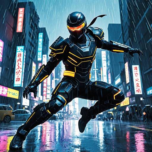 Cyber Ninja Leaping in Neon Rainy City