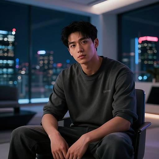 Photograph of an Asian man with short black hair, wearing a dark gray sweatshirt and pants, sitting in a modern high-rise apartment at night,