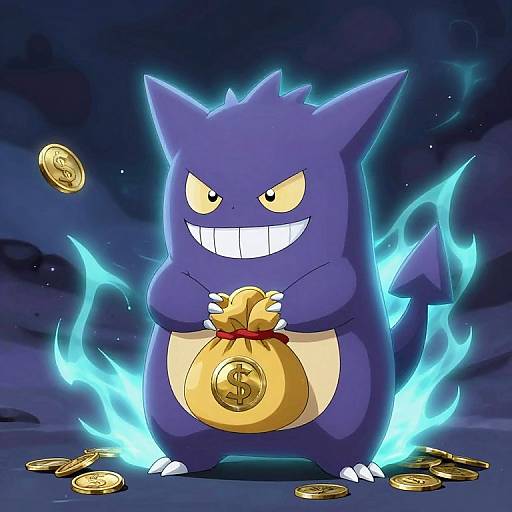 Digital illustration of a glowing blue Gengar with yellow eyes, large grin, and clenched fists, holding a sack of gold coins, surrounded by