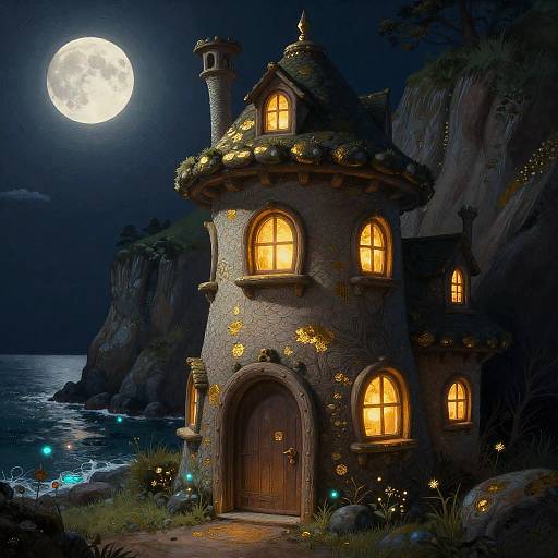 Enchanted, fairy-tale stone cottage with glowing windows under a full moon, perched on a cliff overlooking a moonlit ocean. Whims