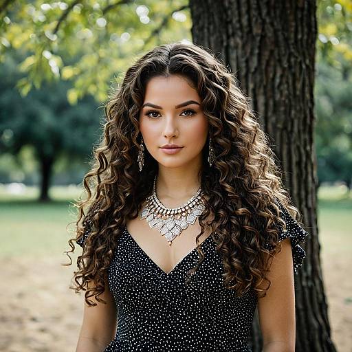 Young Woman in Black Dress with Jewelry Outdoors